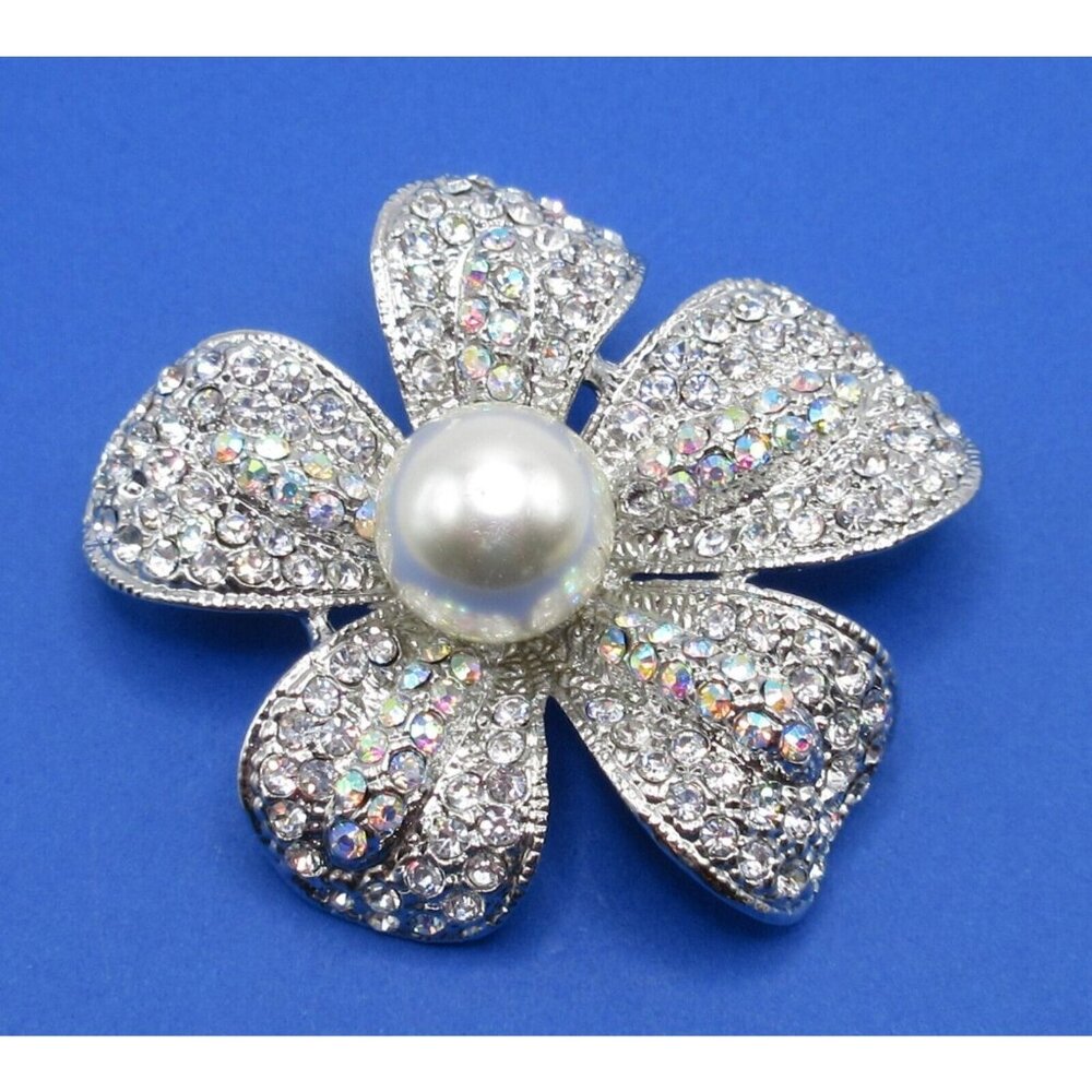 Premier Design Silver Tone AB Rhinestones Faux Pearl Center Flower Brooch Pin